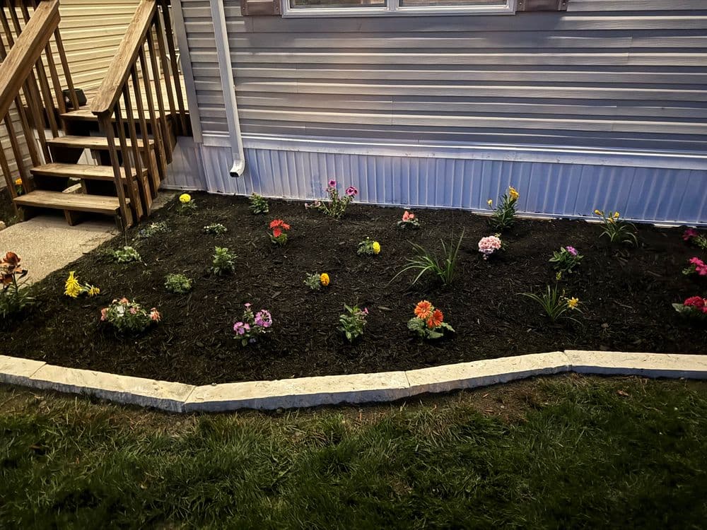 Vibrant flower garden with colorful blooms and freshly mulched soil near a wooden staircase.
