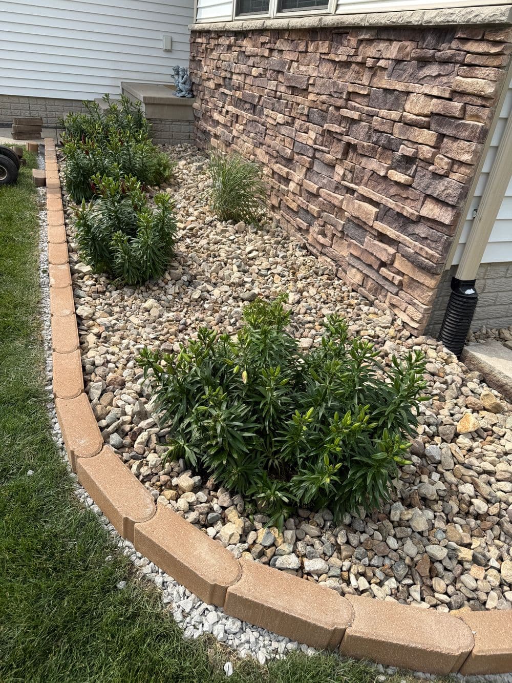 Landscaped garden bed featuring greenery, rock mulch, and stone border against a house wall.