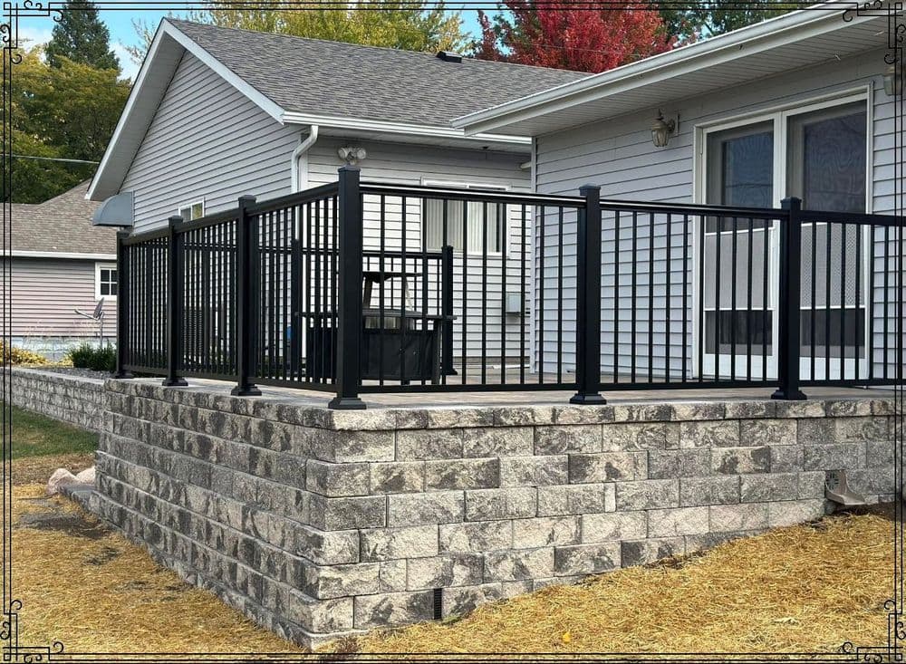 Modern home exterior featuring a stone foundation and a black metal railing deck.